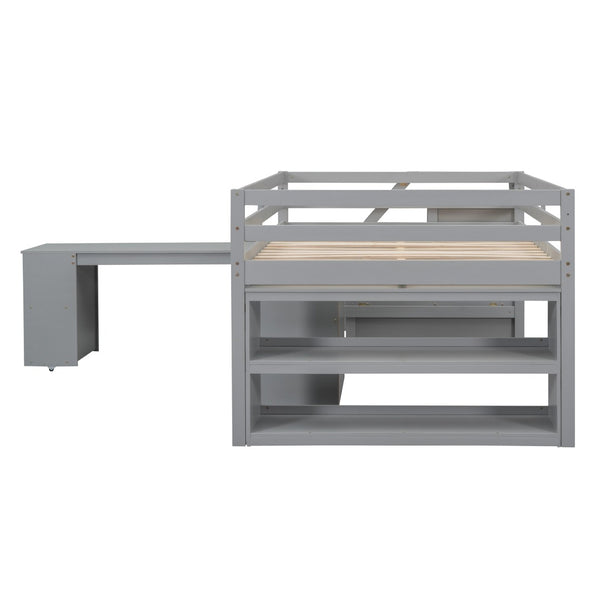 English Elm Full Size Loft Bed with Retractable Desk Stair Storage Drawers Pinewood Frame LT100217AAE