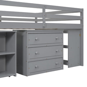 English Elm Full Size Loft Bed with Retractable Desk Stair Storage Drawers Pinewood Frame LT100217AAE