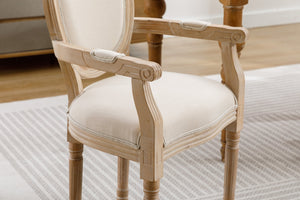 English Elm French Vintage Solid Wood Dining Chair Set of 2 — Carved Handrail, Linen Upholstery, Dense Foam Comfort W1622123549