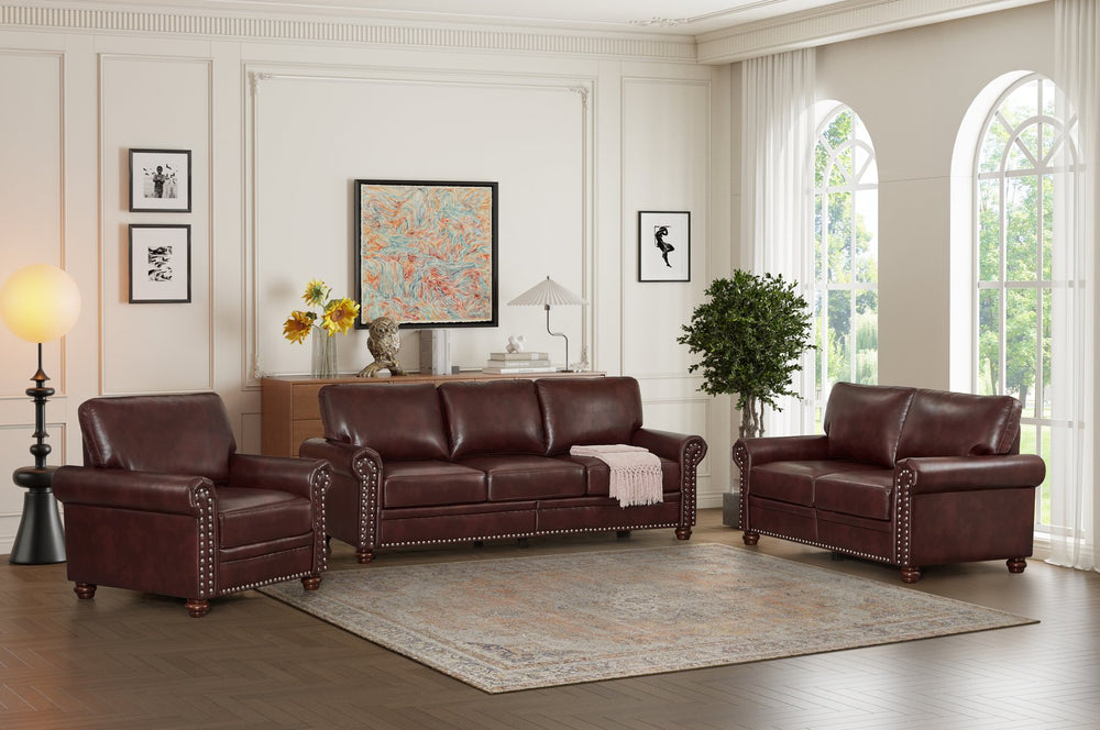 English Elm Living Room Sofa With Storage - Stylish 1+2+3 Sectional In Burgundy Faux Leather For Comfort & Functionality W1097S00095