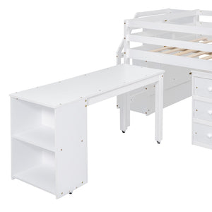 English Elm Full Size Loft Bed with Retractable Desk Stair Storage Drawers Pinewood Frame White LT100217AAK