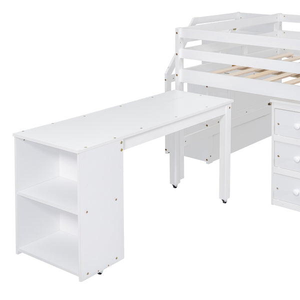English Elm Full Size Loft Bed with Retractable Desk Stair Storage Drawers Pinewood Frame White LT100217AAK