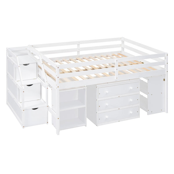 English Elm Full Size Loft Bed with Retractable Desk Stair Storage Drawers Pinewood Frame White LT100217AAK
