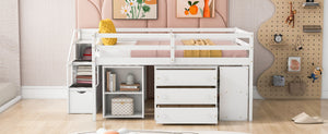 English Elm Full Size Loft Bed with Retractable Desk Stair Storage Drawers Pinewood Frame White LT100217AAK