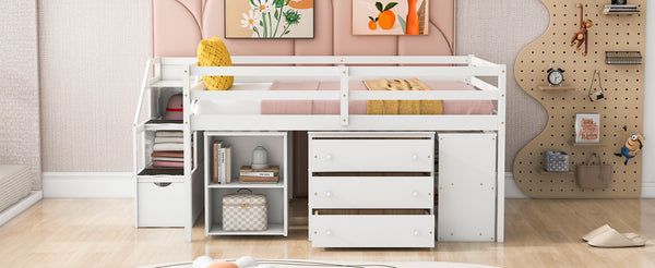 English Elm Full Size Loft Bed with Retractable Desk Stair Storage Drawers Pinewood Frame White LT100217AAK