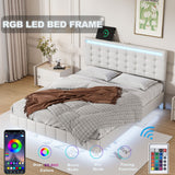 English Elm Full Size Floating Bed Frame With Led Lights and Usb Charging,Modern Upholstered Platform Led Bed Frame,White(Full)