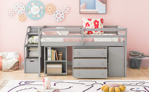 English Elm Full Size Loft Bed with Retractable Desk Stair Storage Drawers Pinewood Frame LT100217AAE