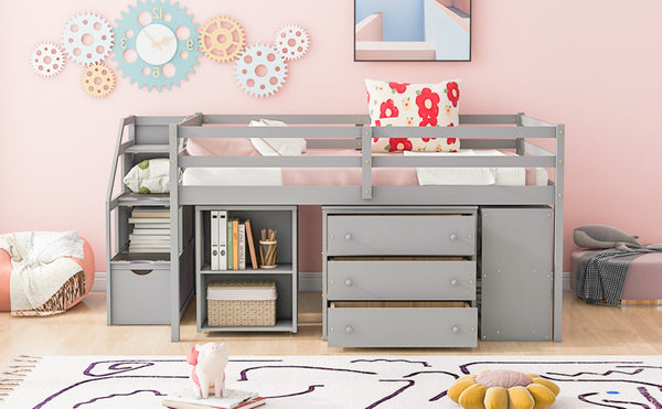 English Elm Full Size Loft Bed with Retractable Desk Stair Storage Drawers Pinewood Frame LT100217AAE