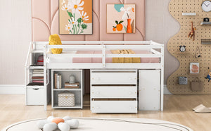 English Elm Full Size Loft Bed with Retractable Desk Stair Storage Drawers Pinewood Frame White LT100217AAK