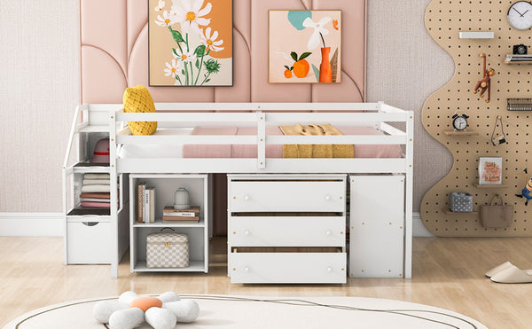 English Elm Full Size Loft Bed with Retractable Desk Stair Storage Drawers Pinewood Frame White LT100217AAK