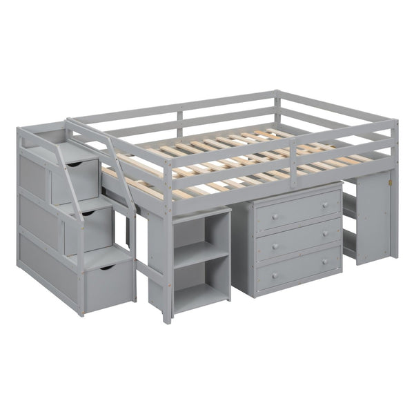 English Elm Full Size Loft Bed with Retractable Desk Stair Storage Drawers Pinewood Frame LT100217AAE