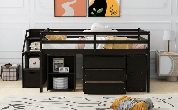 English Elm Full Size Pinewood Loft Bed with Fold Away Desk Storage Stairs and Three Drawers LT000217AAP