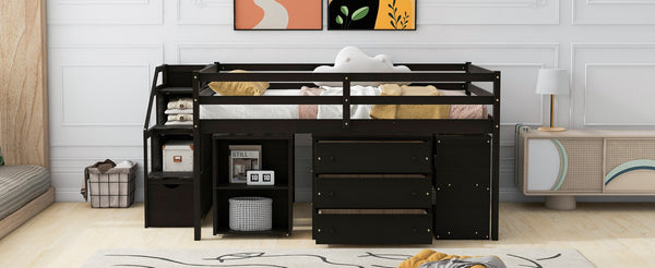 English Elm Full Size Pinewood Loft Bed with Fold Away Desk Storage Stairs and Three Drawers LT000217AAP