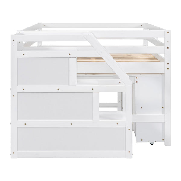 English Elm Full Size Loft Bed with Retractable Desk Stair Storage Drawers Pinewood Frame White LT100217AAK