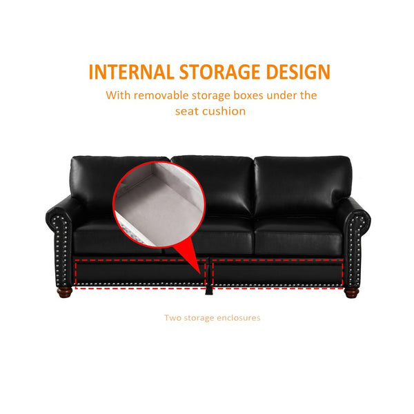 English Elm Living Room Faux Leather Sectional Set with Hidden Storage and Nailhead Trim Seating Black W1097S00276