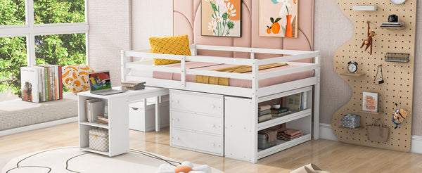 English Elm Full Size Loft Bed with Retractable Desk Stair Storage Drawers Pinewood Frame White LT100217AAK