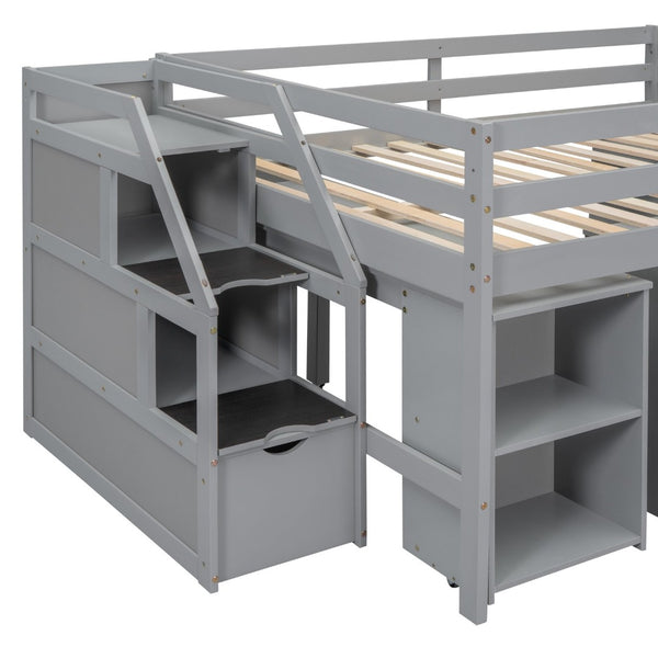 English Elm Full Size Loft Bed with Retractable Desk Stair Storage Drawers Pinewood Frame LT100217AAE