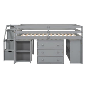 English Elm Full Size Loft Bed with Retractable Desk Stair Storage Drawers Pinewood Frame LT100217AAE