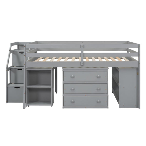 English Elm Full Size Loft Bed with Retractable Desk Stair Storage Drawers Pinewood Frame LT100217AAE