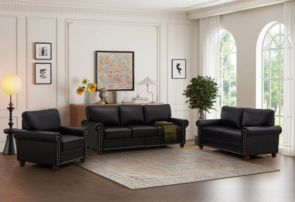 English Elm Living Room Sectional Sofa With Storage - Stylish Black Faux Leather 1+2+3 Seats For Comfort W1097S00093