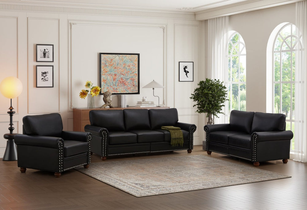 English Elm Living Room Faux Leather Sectional Set with Hidden Storage and Nailhead Trim Seating Black W1097S00276