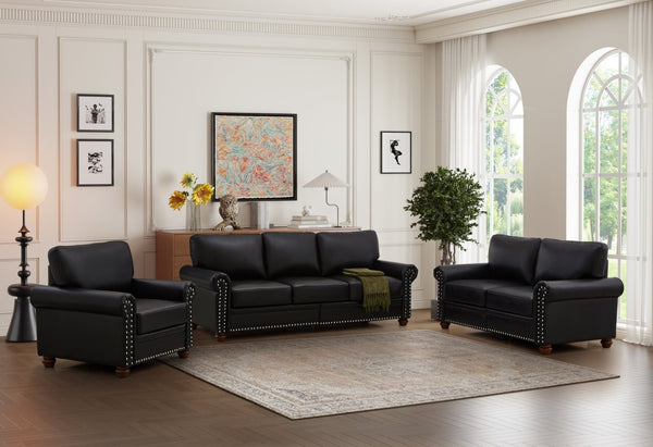 English Elm Living Room Faux Leather Sectional Set with Hidden Storage and Nailhead Trim Seating Black W1097S00276