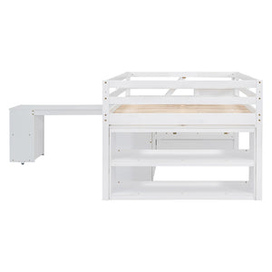 English Elm Full Size Loft Bed with Retractable Desk Stair Storage Drawers Pinewood Frame White LT100217AAK