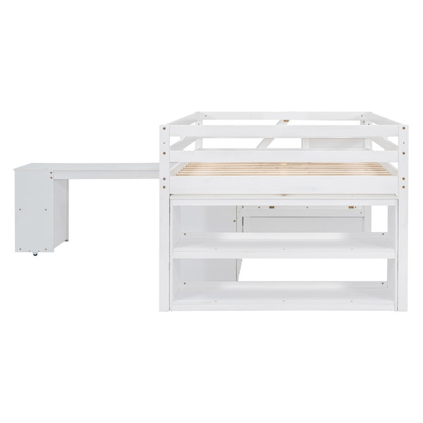 English Elm Full Size Loft Bed with Retractable Desk Stair Storage Drawers Pinewood Frame White LT100217AAK