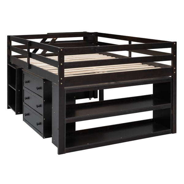 English Elm Full Size Pinewood Loft Bed with Fold Away Desk Storage Stairs and Three Drawers LT000217AAP
