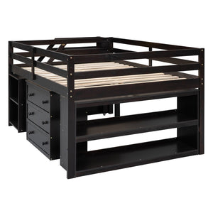 English Elm Full Size Loft Bed with Retractable Desk Stair Storage Drawers Pinewood Frame Espresso LT100217AAP