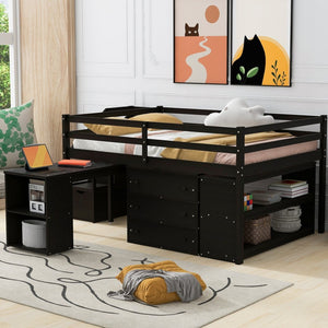 English Elm Full Size Loft Bed with Retractable Desk Stair Storage Drawers Pinewood Frame Espresso LT100217AAP