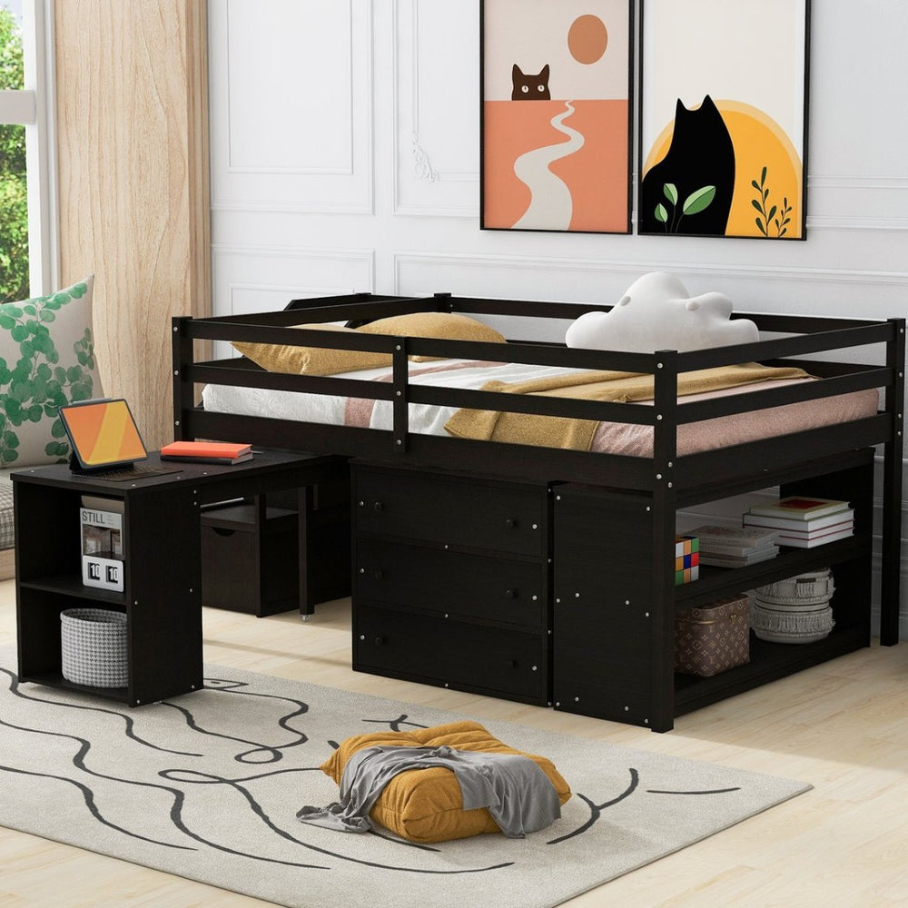 English Elm Full Size Pinewood Loft Bed with Fold Away Desk Storage Stairs and Three Drawers LT000217AAP