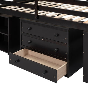 English Elm Full Size Loft Bed with Retractable Desk Stair Storage Drawers Pinewood Frame Espresso LT100217AAP