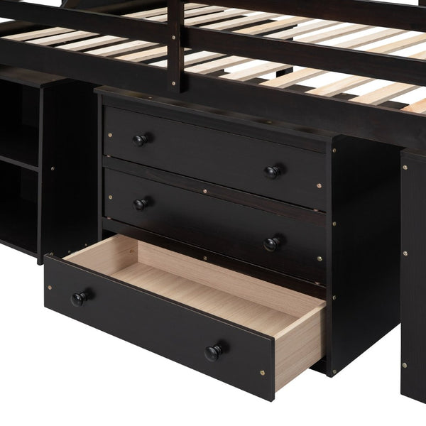 English Elm Full Size Pinewood Loft Bed with Fold Away Desk Storage Stairs and Three Drawers LT000217AAP