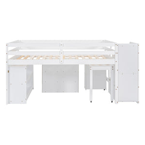 English Elm Full Size Loft Bed with Retractable Desk Stair Storage Drawers Pinewood Frame White LT100217AAK