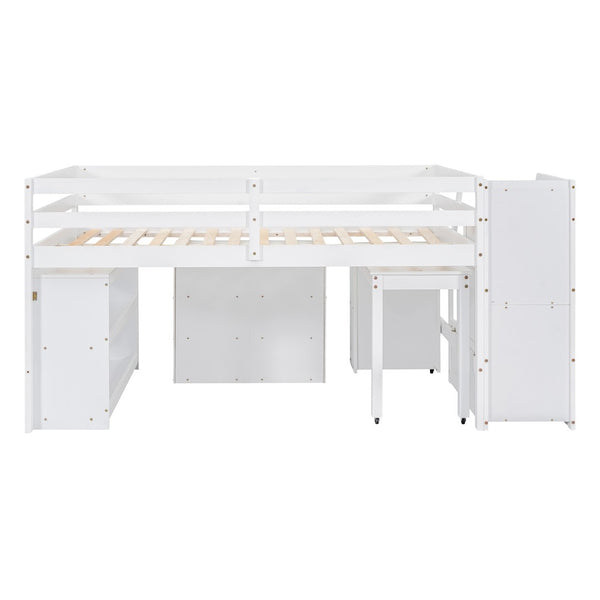 English Elm Full Size Loft Bed with Retractable Desk Stair Storage Drawers Pinewood Frame White LT100217AAK
