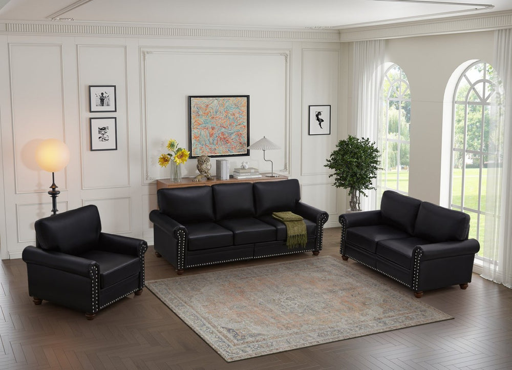 English Elm Living Room Faux Leather Sectional Set with Hidden Storage and Nailhead Trim Seating Black W1097S00276