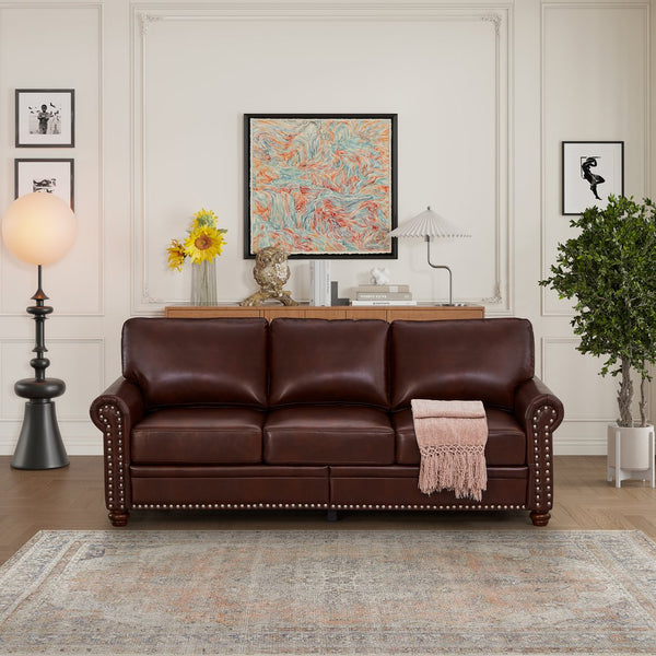 English Elm Classic Chesterfield sofa elegant faux leather 3-seater 88.5"L durable solid wood frame high weight capacity Burgundy W1097S00089