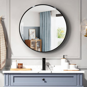 English Elm 36 Inch Round Metal Framed Bathroom Mirror 36" Large 4mm HD Glass Shatterproof Film Reinforced Hooks Black W2203P303274