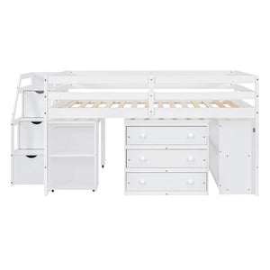 English Elm Full Size Loft Bed with Retractable Desk Stair Storage Drawers Pinewood Frame White LT100217AAK