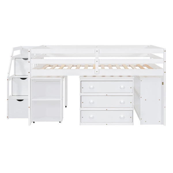 English Elm Full Size Loft Bed with Retractable Desk Stair Storage Drawers Pinewood Frame White LT100217AAK