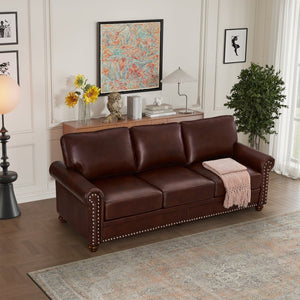 English Elm Classic Three Seat Faux Leather Sofa with Nailhead Trim and Hidden Storage W1097S00271