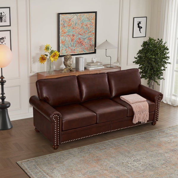 English Elm Classic Three Seat Faux Leather Sofa with Nailhead Trim and Hidden Storage W1097S00271