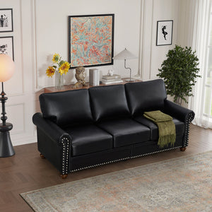 English Elm Classic Chesterfield sofa elegant faux leather 3-seater 88.5"L durable solid wood frame high weight capacity Black W1097S00087