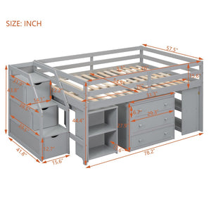English Elm Full Size Loft Bed with Retractable Desk Stair Storage Drawers Pinewood Frame LT100217AAE