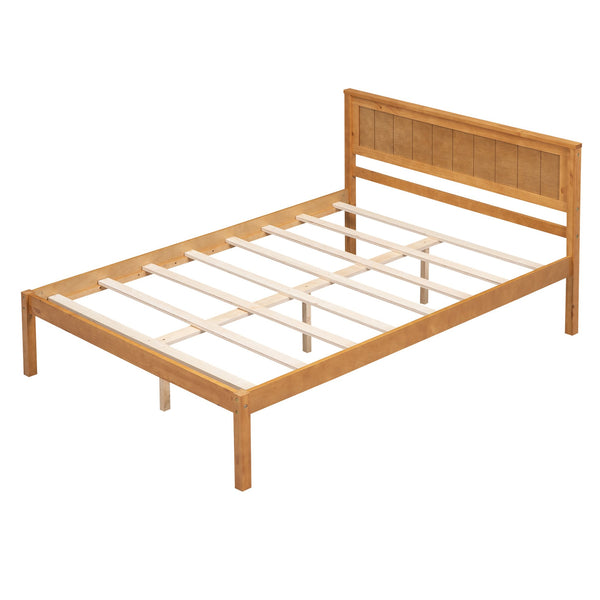 English Elm Platform Full Bed Frame with Headboard — Rustic-Modern Pine & MDF Slatted Support, No Box Spring Needed, Sturdy Oak WF212812AAN