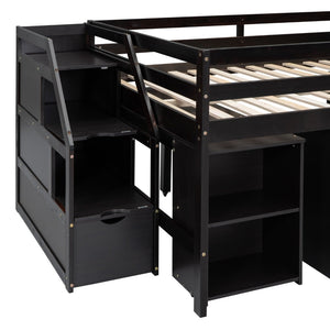 English Elm Full Size Loft Bed with Retractable Desk Stair Storage Drawers Pinewood Frame Espresso LT100217AAP
