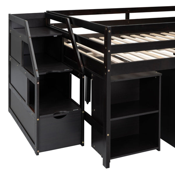 English Elm Full Size Loft Bed with Retractable Desk Stair Storage Drawers Pinewood Frame Espresso LT100217AAP