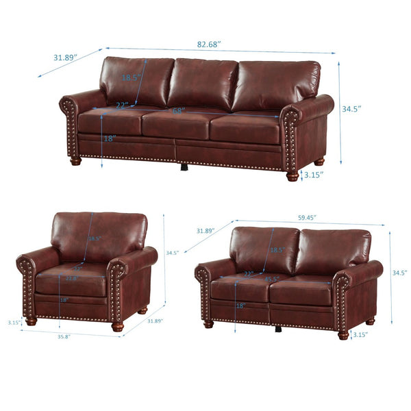 English Elm Living Room Faux Leather Sectional Set with Hidden Storage and Nailhead Trim Seating Burgundy W1097S00277