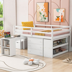 English Elm Full Size Loft Bed with Retractable Desk Stair Storage Drawers Pinewood Frame White LT100217AAK